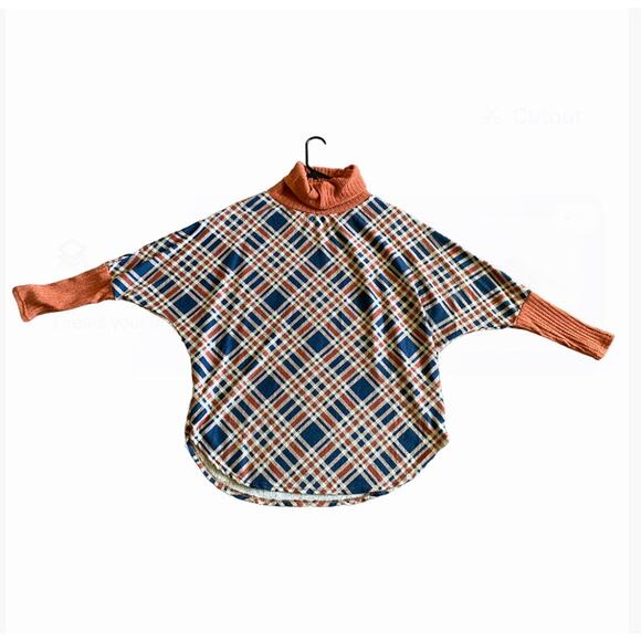 Women's Preppy Burnt Orange and Blue Plaid Sweater Turtleneck Top Sz M - Picture 2 of 4